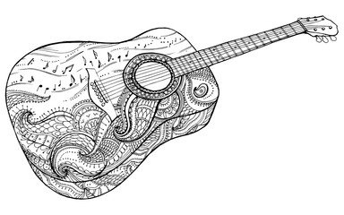 Stylized classical guitar. Retro . Musical instrument. Music. Rock. Line art. Drawing by hand. Graphic arts. Tattoo. Doodle.
