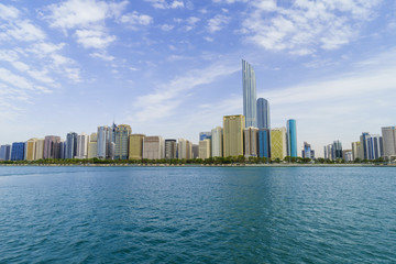 Skyscrapers in the Al Markaziyah district and Corniche viewed from the Gulf, Abu Dhabi