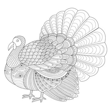 Detailed zentangle turkey for coloring page for adult