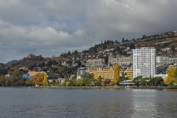 Naklejka premium Panoramic view to Montreux and Lake Geneva, canton of Vaud, Switzerland
