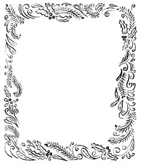 Ink artistic frame with pine tree branches, swirls, abstract elements