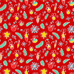 winter Christmas seamless pattern with abstract swirl elements, holly, decoration balls and snowflakes