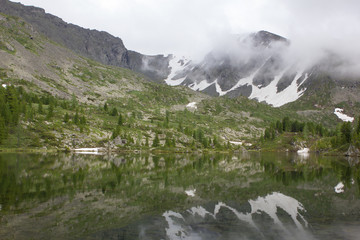 Karakol lake and snow mountain in Altay mountains