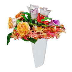 Colorful autumn flower bouquet arrangement centerpiece in vase isolated on white background.