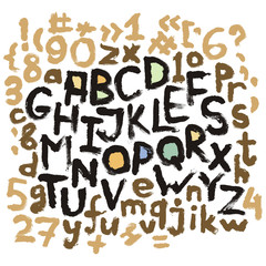 Alphabet grunge letters. Hand drawn ink illustration.