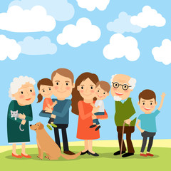 Big family and sky with clouds vector illustration