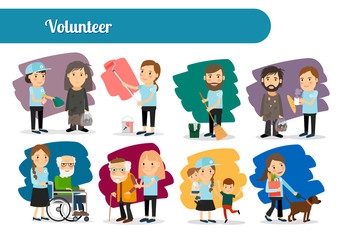 Volunteer characters big icons set. Vector illustration