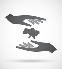 Isolated pair of hands protecting or giving  the map of Ukraine