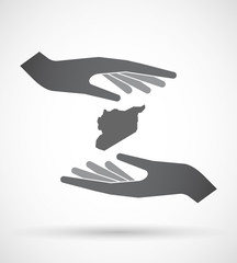 Isolated pair of hands protecting or giving  the map of Syria