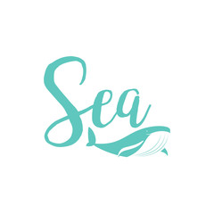 Whale sea lettering design isolated on white. Vector illustration