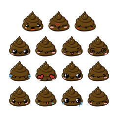 Kawaii vector poop emoticons set.