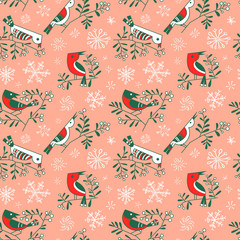 Winter seamless pattern with cute doodle birds on rowan branches