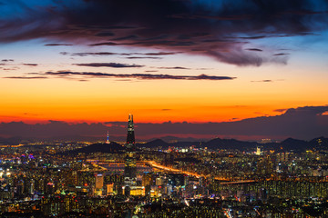 Fototapeta premium Sunset of Seoul City Skyline, The best view of South Korea...
