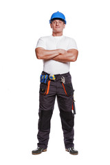 smiling handyman on white background fine portrait crossed arms