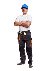 smiling handyman on white background fine portrait crossed arms