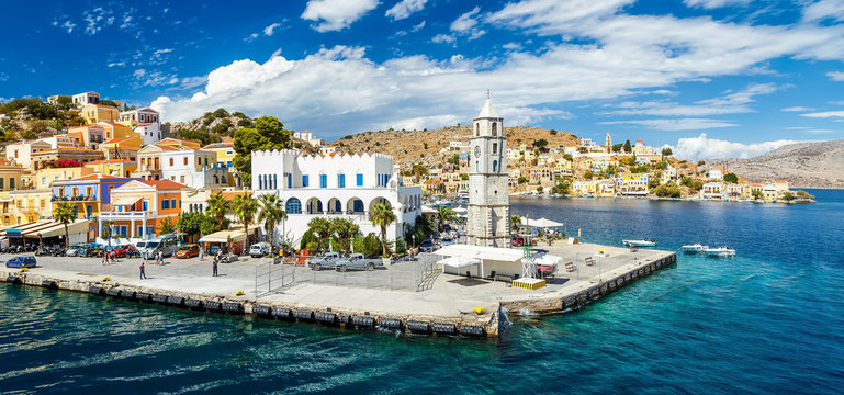 Panorama of beautiful summers day on the Greek island  Symi in the Dodecanese Greece Europe