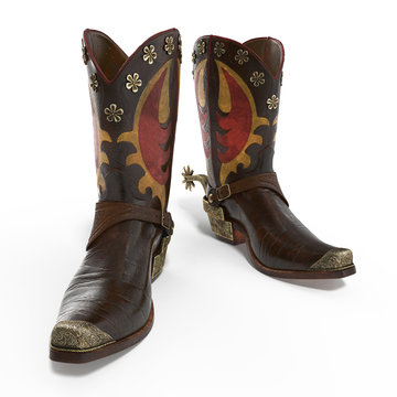 American rodeo cowboy traditional leather boots with authentic Western riding spurs on white. 3D illustration