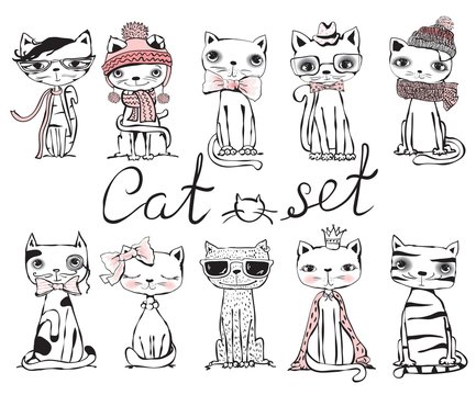 Set of stylish cats. Vector trendy hipster style greeting card design, t-shirt print, inspiration poster.