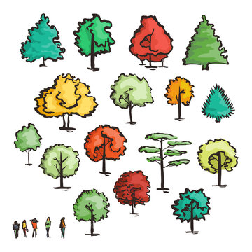 Set of hand drawn colorful trees. Ink style.