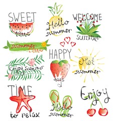 Naklejka premium Vector summer card with sweet watermelon, strawberry, pineapple, hot sun. Hand drawing stylish background with text 