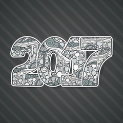 Happy New Year 2017 celebration number. Vector Xmas illustration in zentangle.