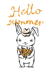 Greeting card with Happy Birthday. Vector trendy hipster style greeting card design, t-shirt print, inspiration poster. Vintage poster with stylish rabbit 