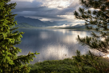 Fototapeta na wymiar Early morning on Yazevoe lake in Altai mountains, Kazakhstan