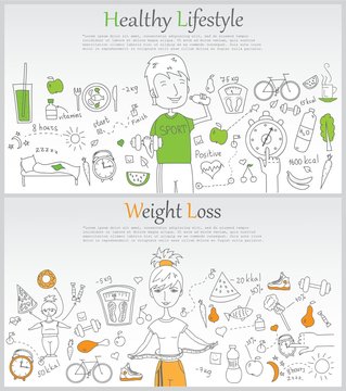 Doodle line design of web banner templates with outline icons of Healthy lifestyle and Weight loss. 