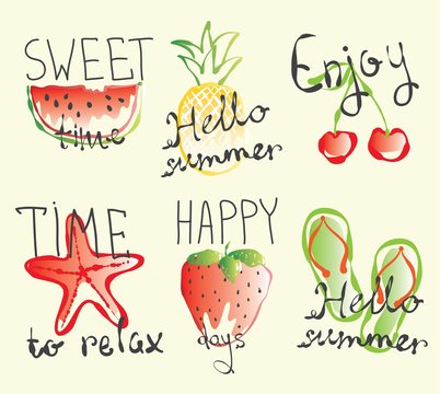 Vector summer card with sweet watermelon, strawberry, pineapple, hot sun.