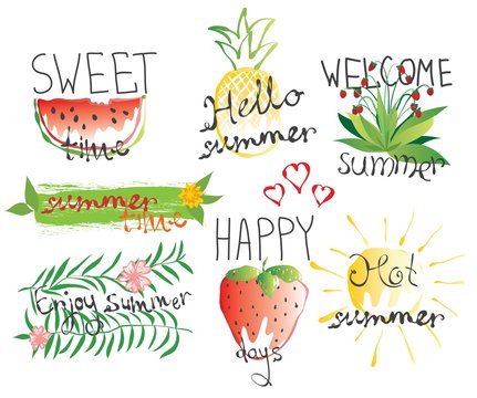 Vector summer card with sweet watermelon, strawberry, pineapple, hot sun. Hand drawing stylish background with text 