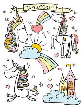 Vintage poster with cute magic unicorns. 