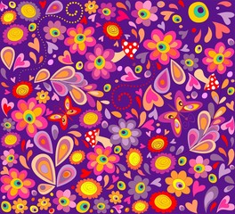 Hippie violet wallpaper with funny butterflies, colorful flowers and mushrooms