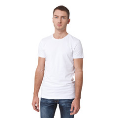 t-shirt design and people concept - close up of young man in blank white t-shirt. Clean shirt mock up for design