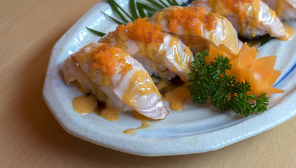 sushi salmon on dish