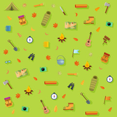 vector set of flat camping touristic icons.Camping vector set with bonfire, tourist tent,  guitar