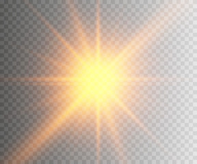 Set of golden glowing lights effects isolated on transparent background. Sun flash with rays and spotlight. Glow light effect. Star burst with sparkles.