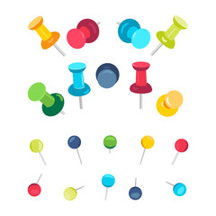 Set of push pins in different colors on white background. Office push pins symbols. Flat push pin clips. Head push pins. Thumbtacks. Pins stationery products. Needles and tacks. Vector illustration.