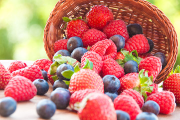Fresh berries (raspberries, blueberries, strawberries) in basket