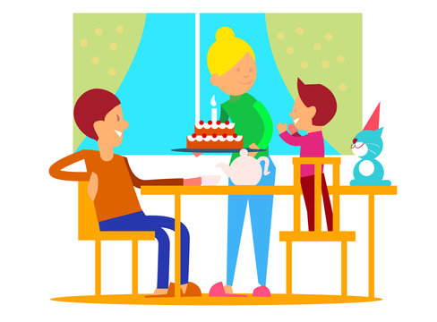 Child's first birthday celebrationt. Mother puts decorated tier cake with candle on table, glad father and birthday boy on chairs flat vector illustration. Family circle home party. Joy of childhood