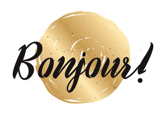 Bonjour inscription. Greeting card with calligraphy. Hand drawn design. Black and white. © pavector