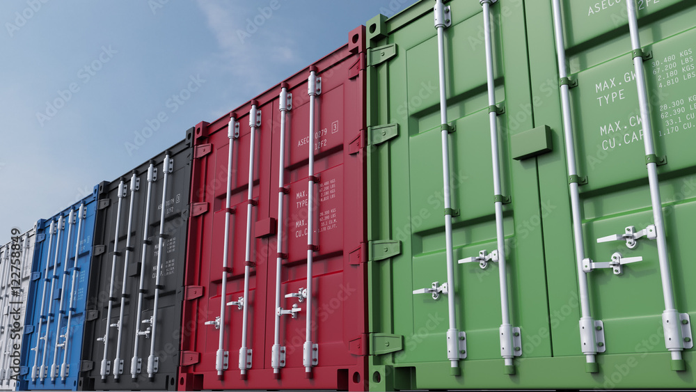 Poster row of multicolored cargo containers against blue sky. 3d rendering