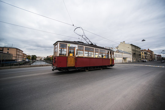 Old Soviet red tram on the streets
