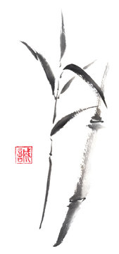 Bamboo scroll Japanese style original sumi-e ink painting.