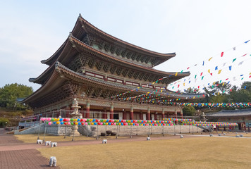 View of famous Yakcheonsa Buddhist Temple, Jeju Island, South Ko