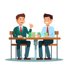 Two young businessman in a suit sitting at the table and count money profit growth. Vector illustration of businessman smiling happy to profit growth on white background
