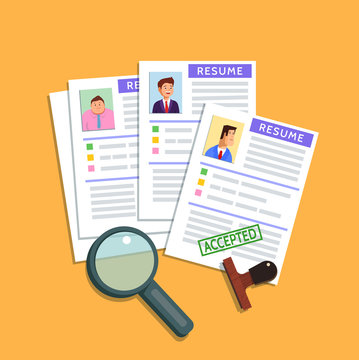 Vector flat illustration of a resume cv icon on yellow background. Recruiting, employment, human resources, team management, accepted concept. Find person for job opportunity