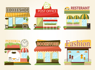 Set of vector flat design restaurants and shops facade icons.,coffee shop,boutique,pizzeria,bookstore.