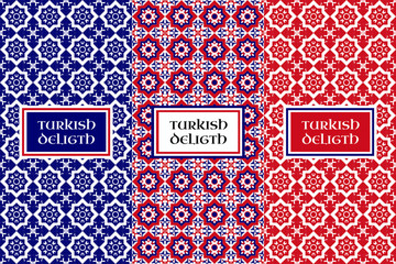 Turkish delight pattern vector. Set of seamless flower backgrounds and design elements for food packaging. Labels or tag for oriental products and sweet shops. - obrazy, fototapety, plakaty