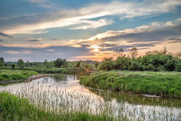 Summer sunset with river, Pilica, Poland