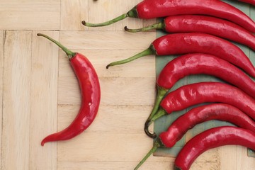 Fresh red hot chilli on wood background.